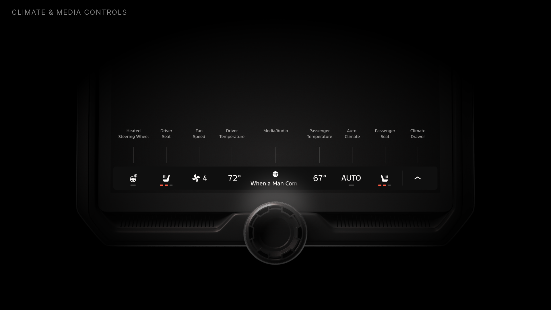 MMC Bar detail showing all labeled functions: Heated Steering Wheel, Driver Seat, Fan Speed, Driver Temperature, Media/Audio, Passenger Temperature, Auto Climate, Passenger Seat, Climate Drawer