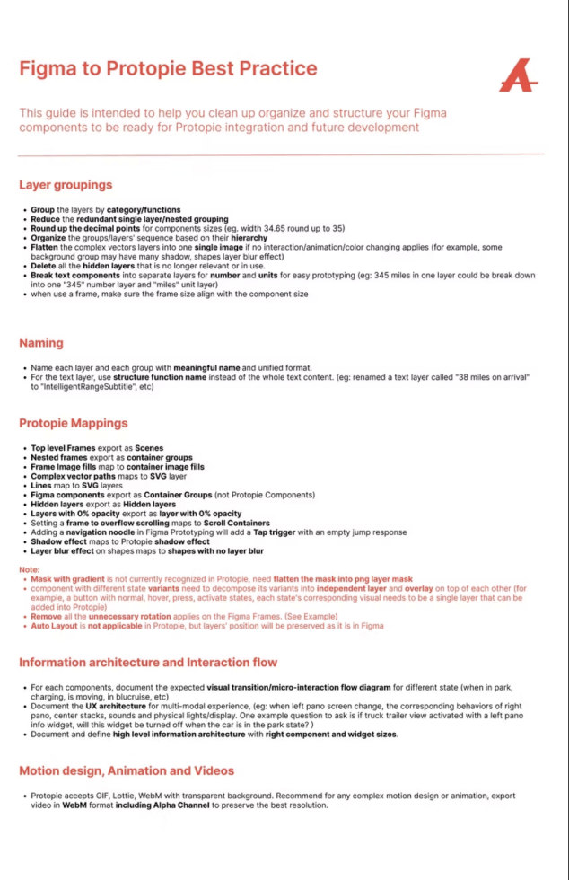 Figma to ProtoPie best practice guide covering layer groupings, naming, ProtoPie mappings, information architecture and interaction flow, and motion design