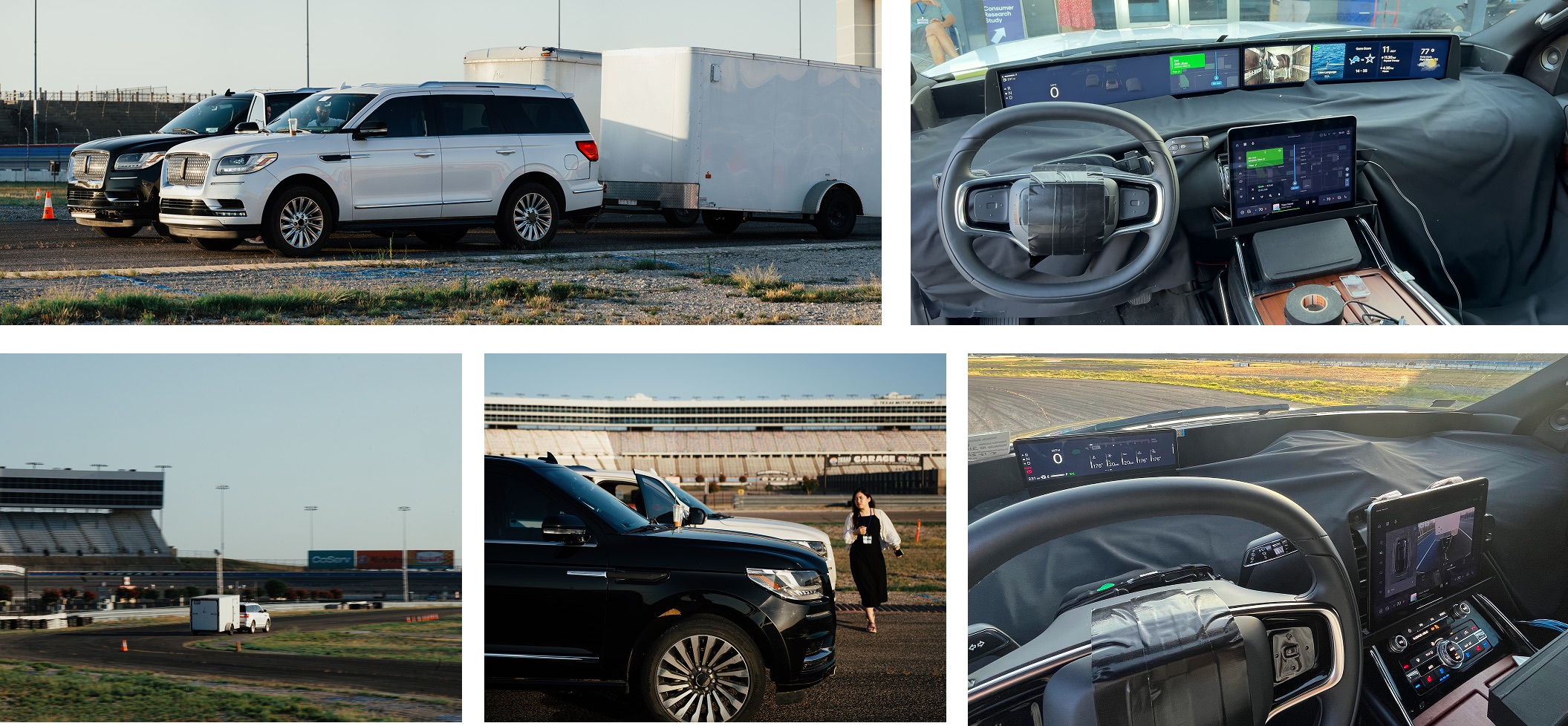 Research clinic photos: vehicles staged at a test track, and in-vehicle prototypes running on the panoramic display, instrument cluster, and center stack