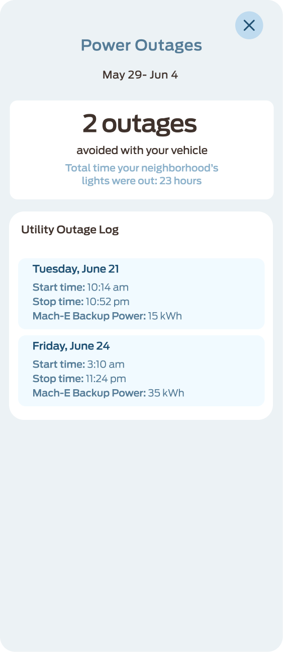 Power Outages screen: 2 outages avoided with utility outage log