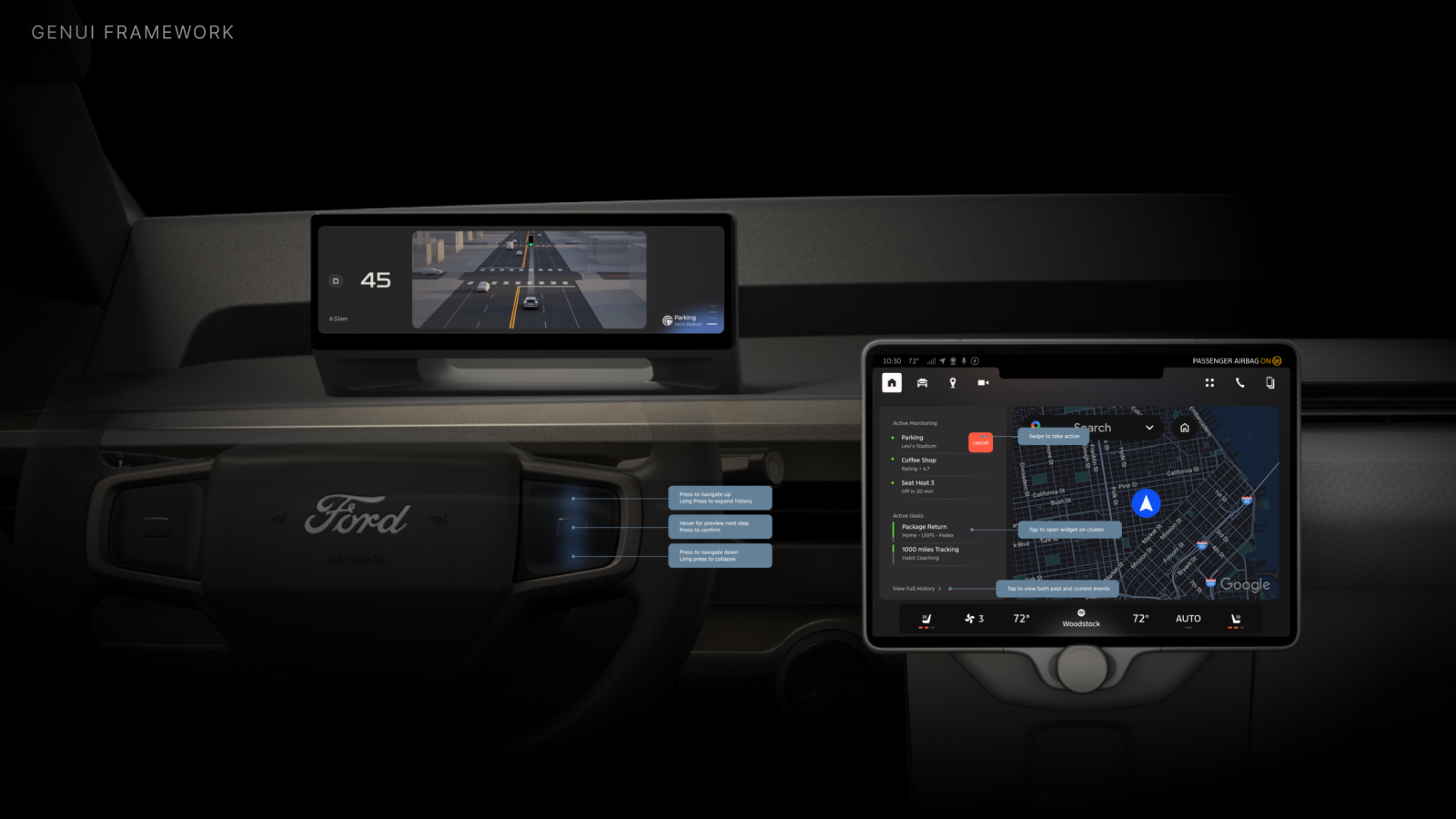In-cabin vision: cluster and console with GenUI and maps