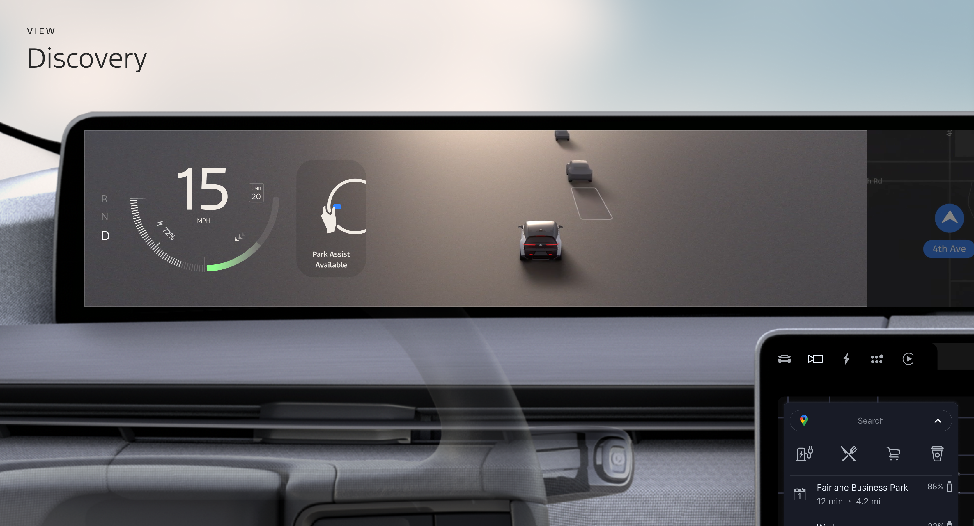 Discovery state: instrument cluster scanning for parking spots at 20 MPH