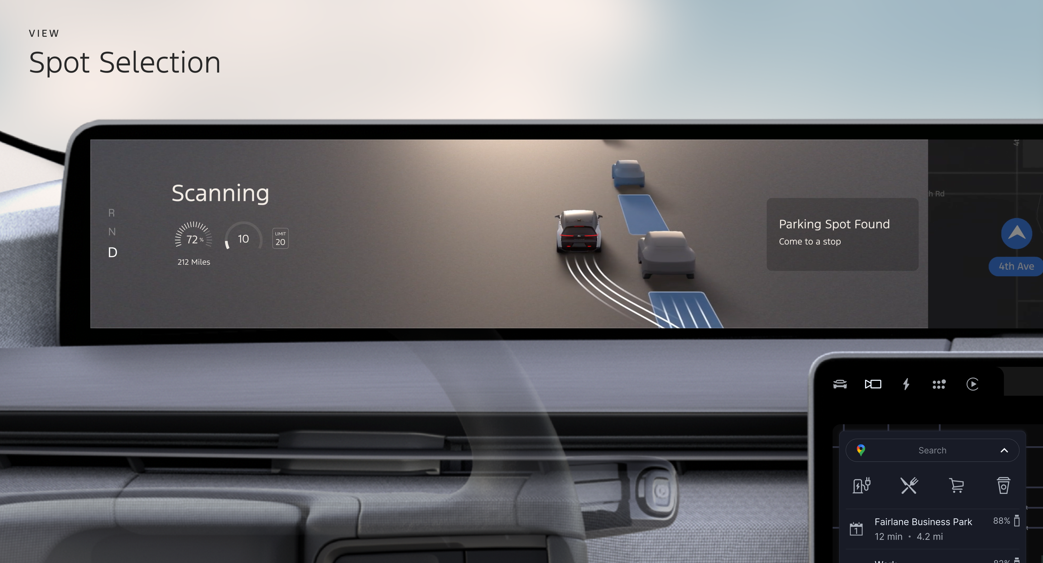 Spot Selection state: driver selecting a parking space via steering wheel touchpad