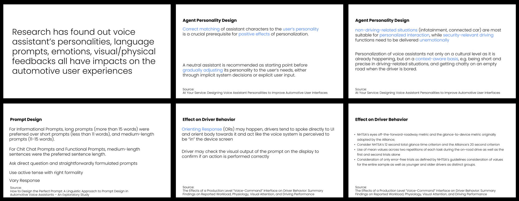 Literature review slide: research on voice assistant aspects and their UX impact