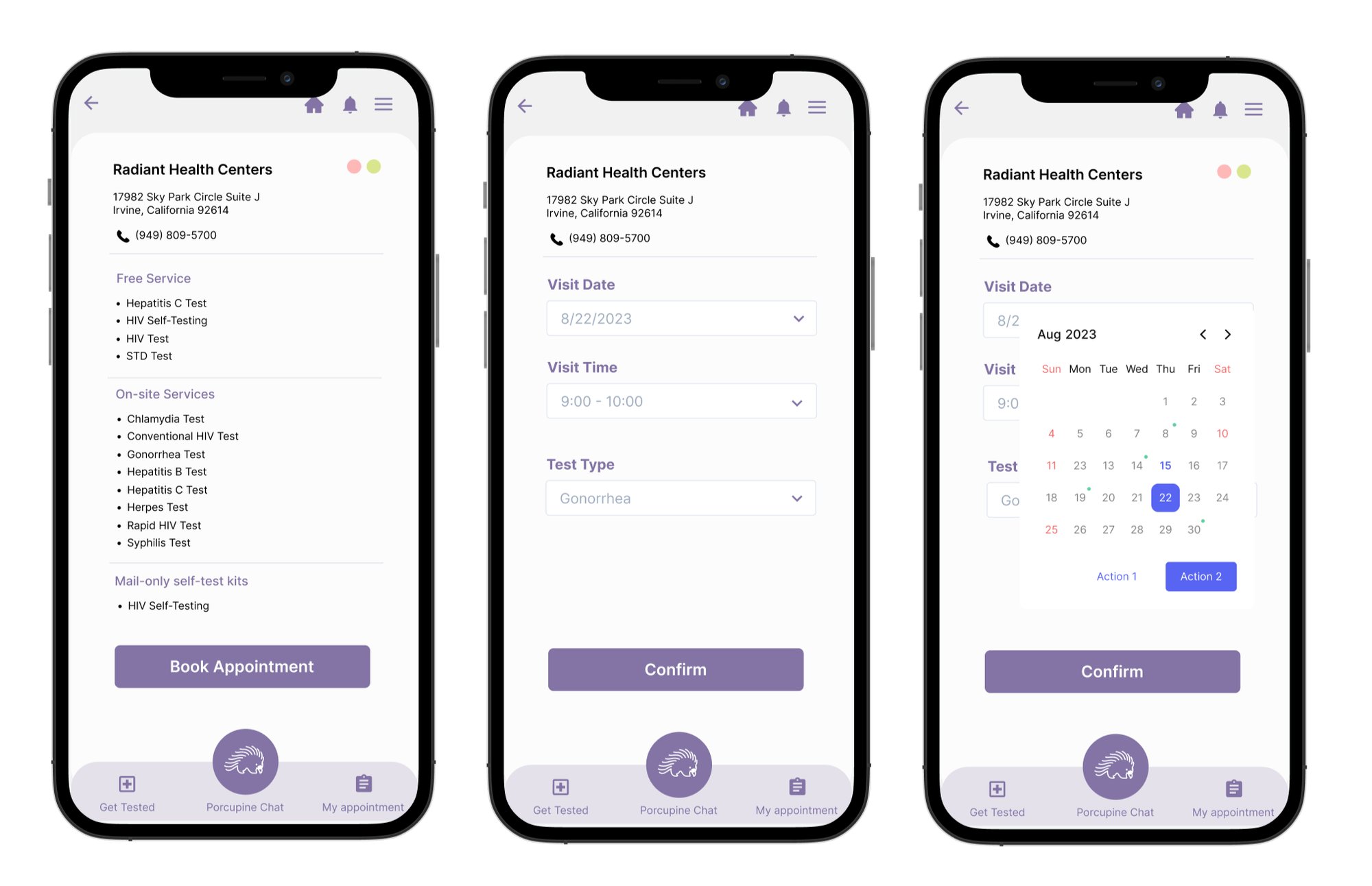 Booking flow: choosing a clinic, visit date, time, and test type