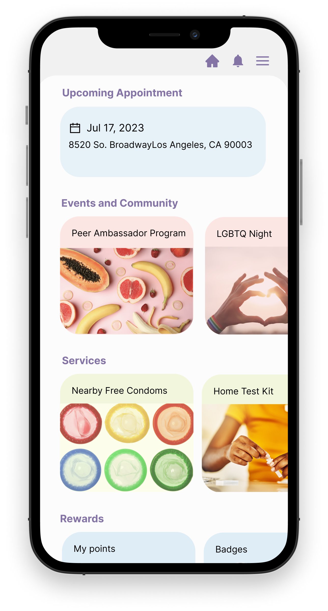 Home dashboard: upcoming appointment, events and community, services, and rewards