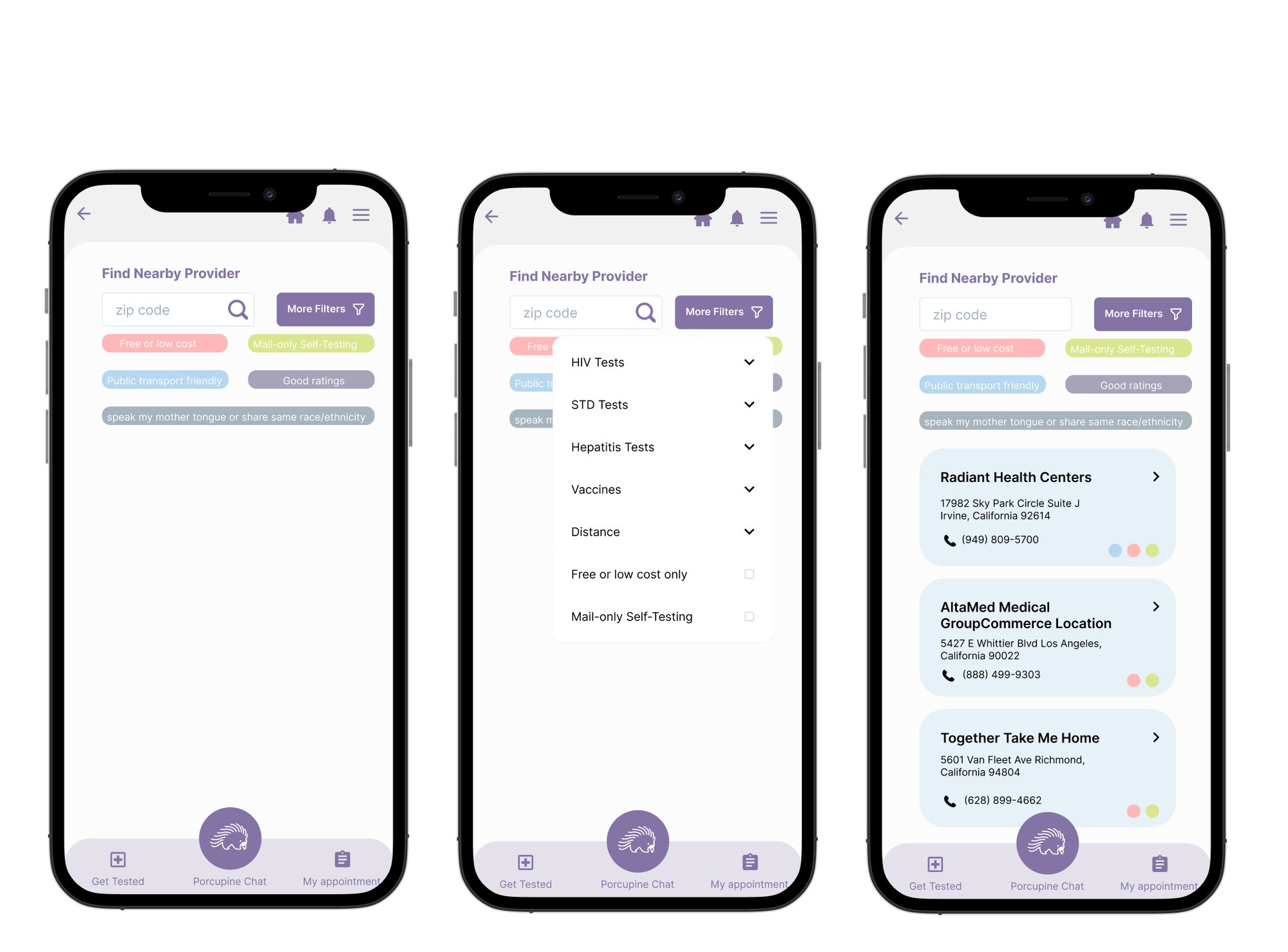Find Nearby Provider search with filters for cost, transportation, ratings, and shared language or ethnicity