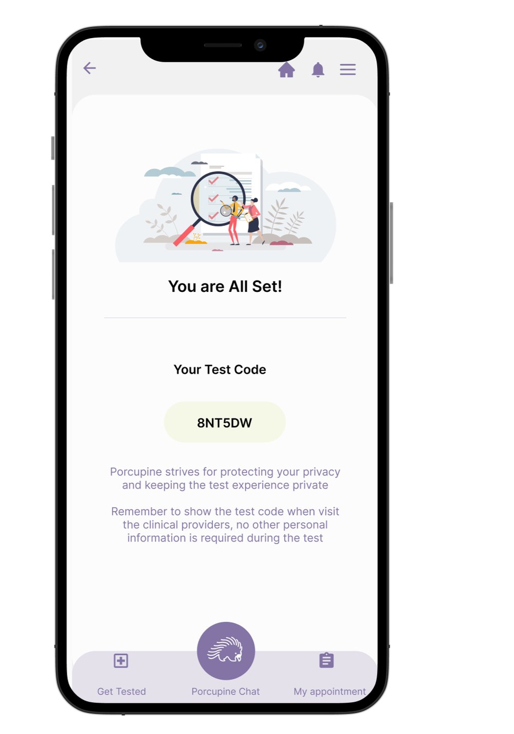 Confirmation screen showing a unique private test code