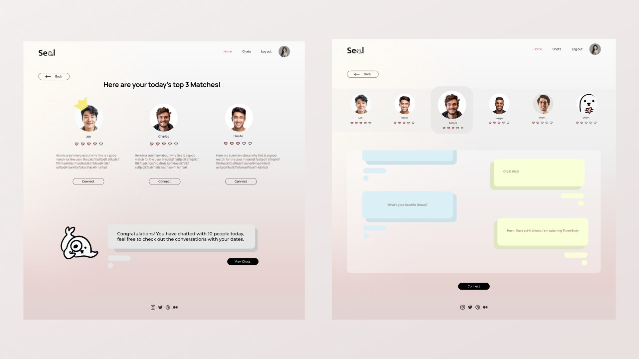 Seal matches screen showing today's top 3 matches with compatibility summaries, and a chat conversation between two matched users