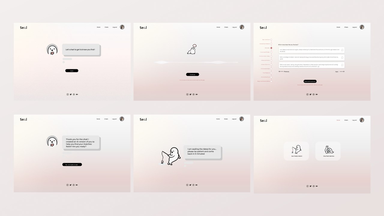 Seal onboarding flow: chatting with your own AI, a compatibility questionnaire, and confirming your AI is ready to start matching