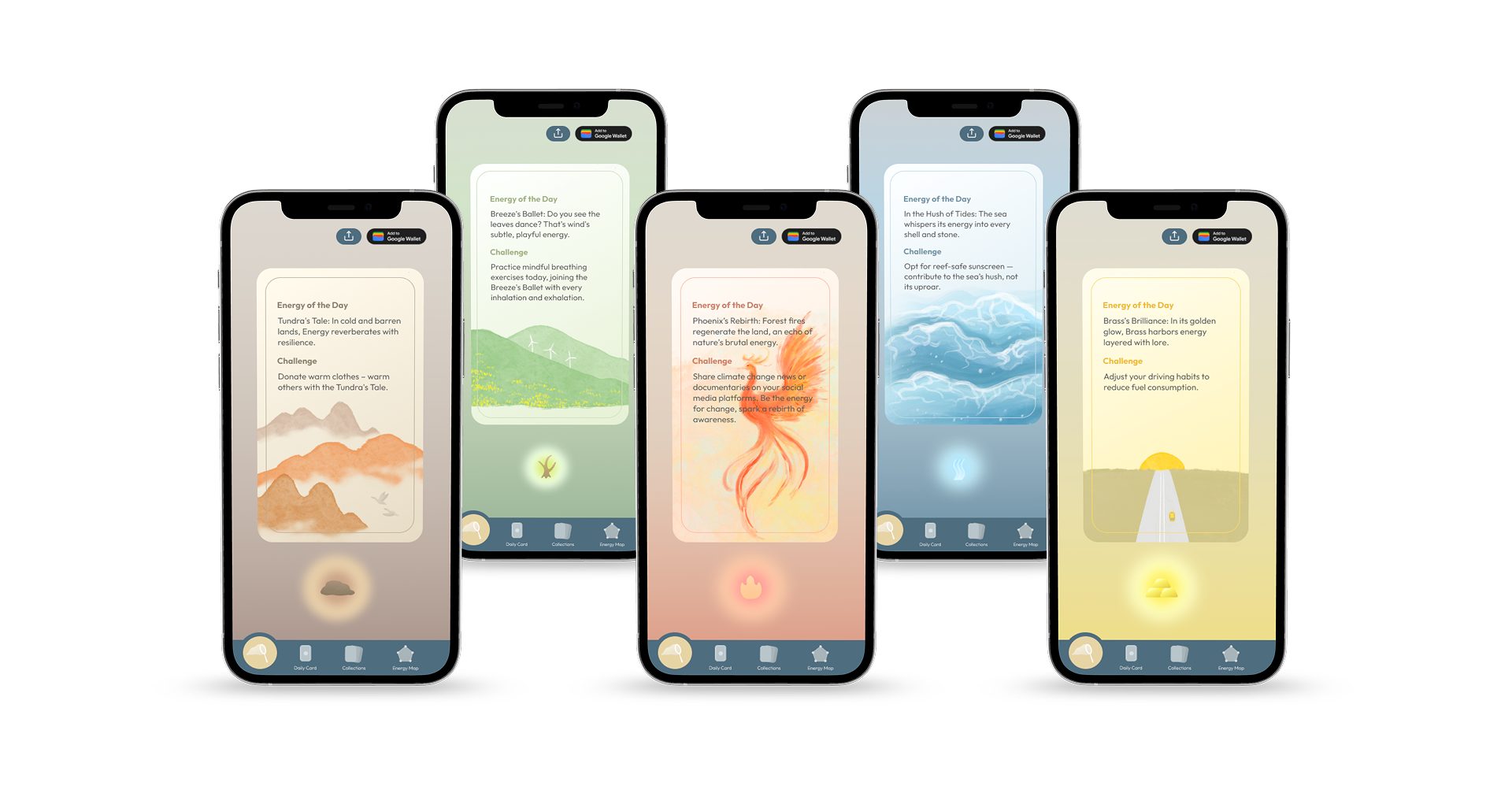 Sustainfulness app flow: splash screen, onboarding illustration, energy fill interaction, daily card detail, and collections grid