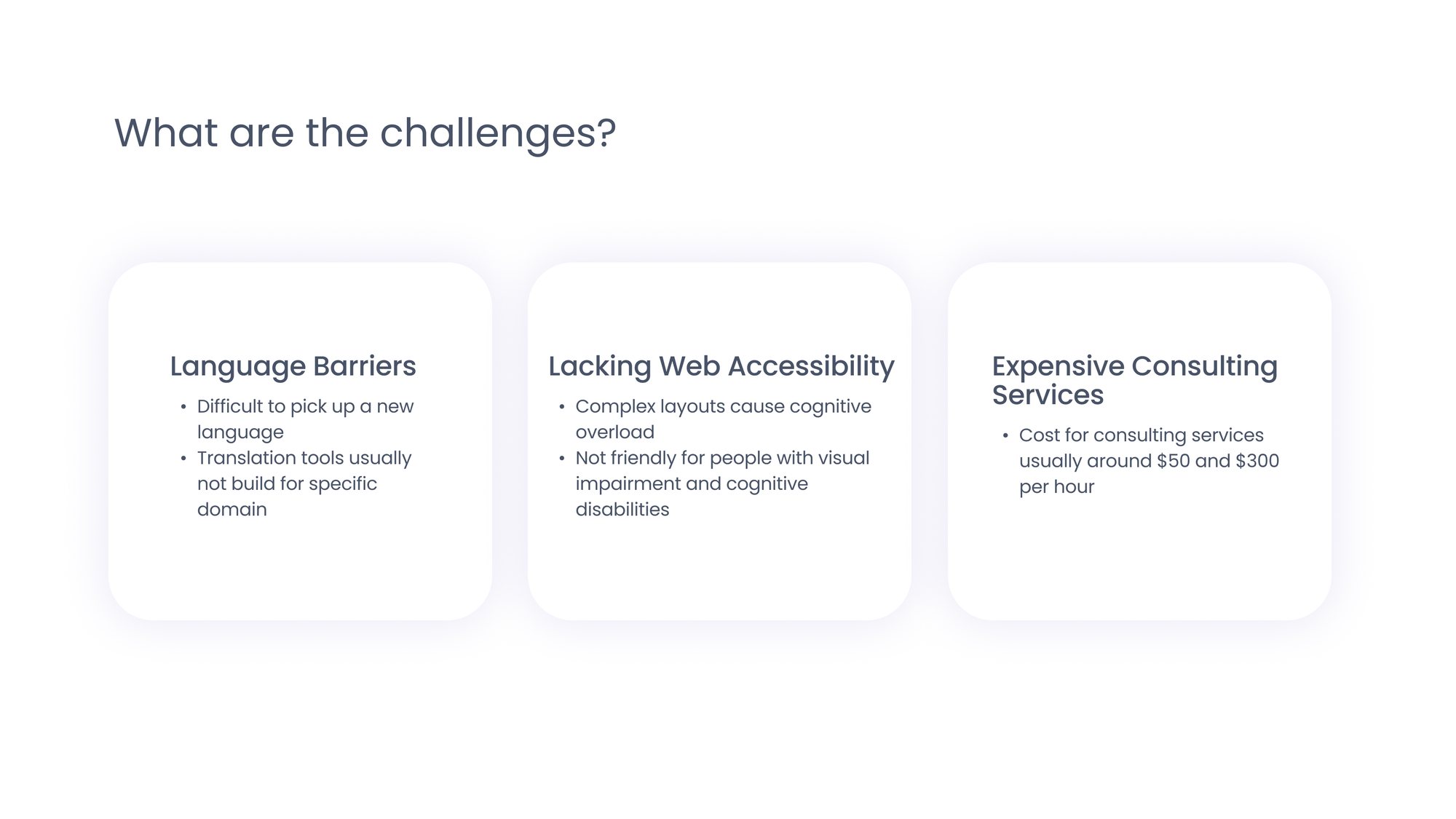 Three challenge cards: Language Barriers, Lacking Web Accessibility, Expensive Consulting Services