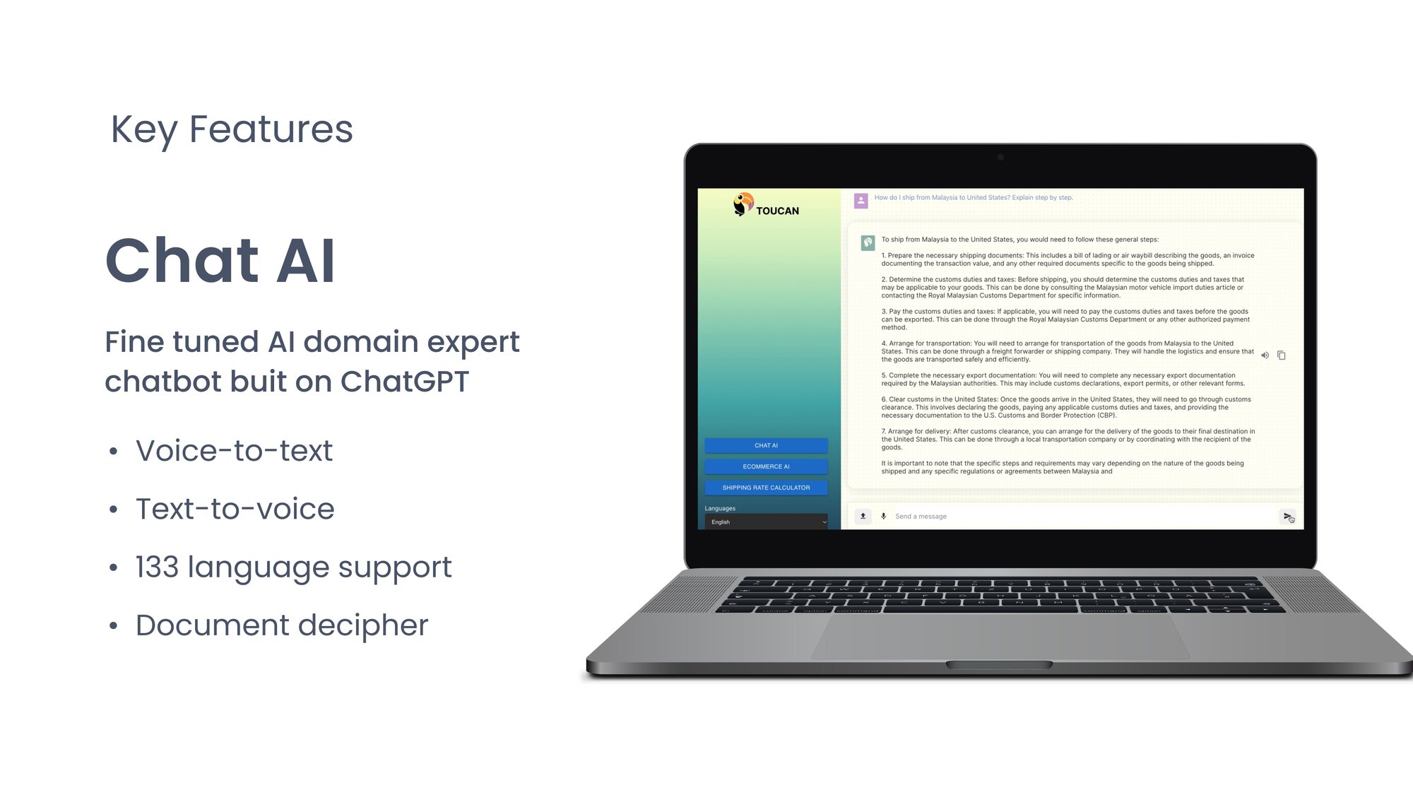 Chat AI: fine-tuned domain-expert chatbot built on ChatGPT, with voice-to-text, text-to-voice, 133 language support, and document decipher