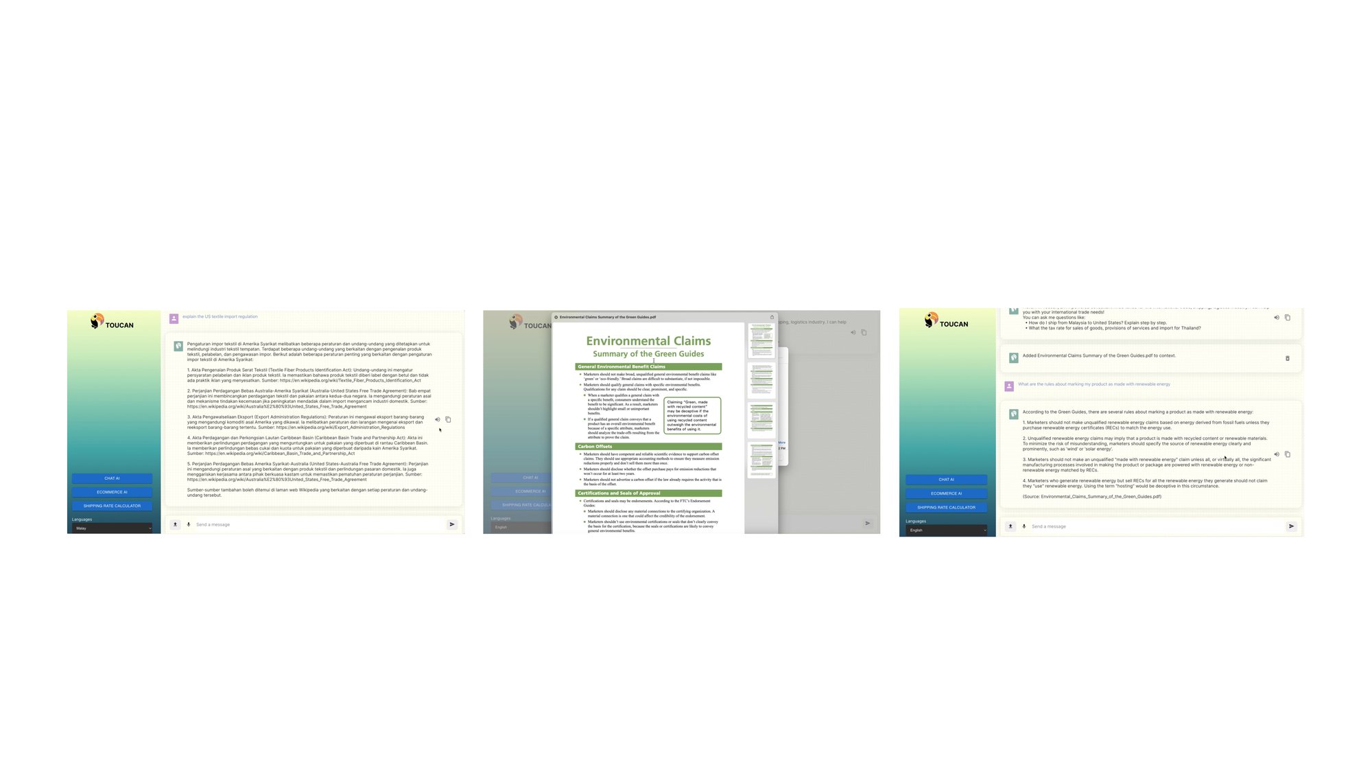 Chat AI answering a multilingual trade regulation question in Malay, and analyzing an uploaded Environmental Claims PDF