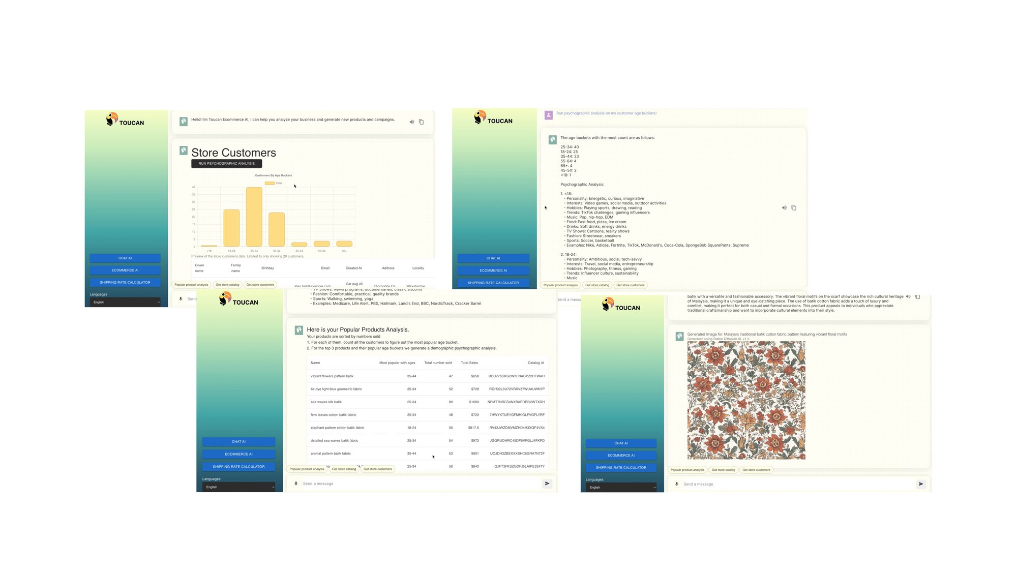 E-commerce AI showing store customer age buckets, psychographic analysis, popular product analysis, and an AI-generated batik textile pattern