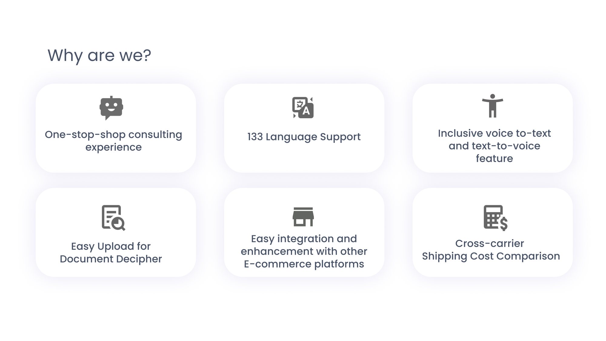 Six feature cards: one-stop-shop consulting, 133 language support, inclusive voice features, easy document upload, e-commerce integration, cross-carrier shipping comparison